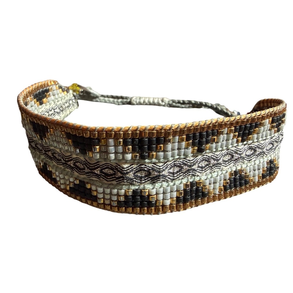 Mishky Woven Beaded Bracelet Gold Black White Adjustable Boho Artisan‎ - Picture 4 of 6